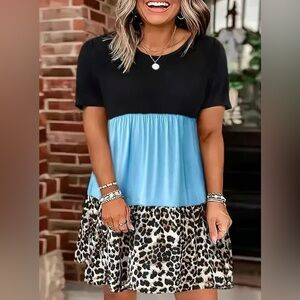 NWT! Boutique Stylish Black and Blue Colorblock Leopard Print Dress! ❤️